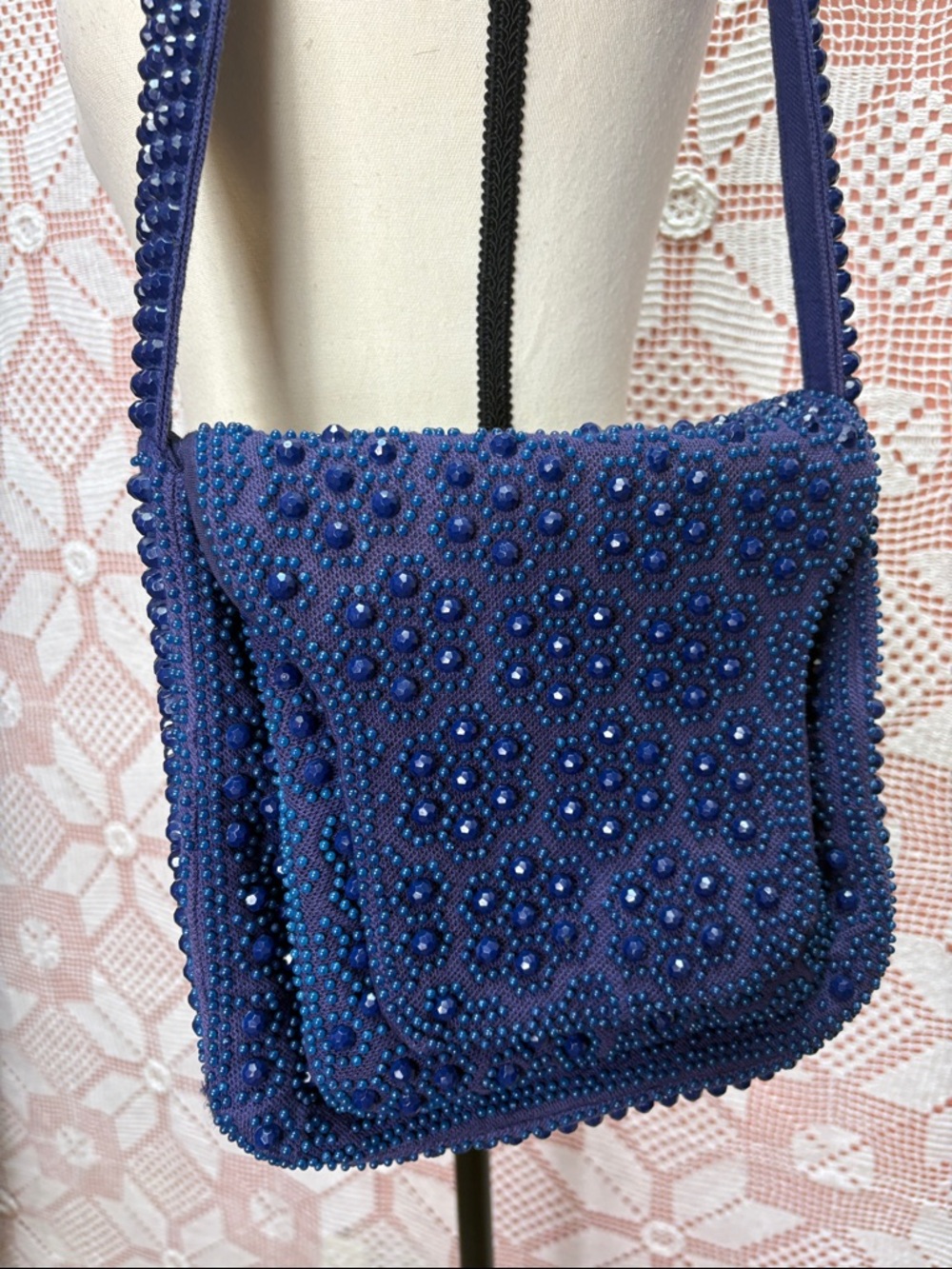 Vintage Cobalt Blue Beaded Floral Shoulder Bag Hong Kong